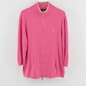 Ralph‎ Lauren Womens Zip Cardigan Sweater Size L Pink Cable Knit Cotton Metallic